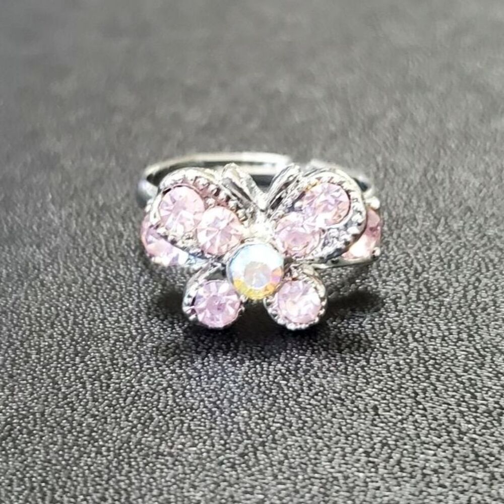 Silver tone pink rhinestone butterfly ring adjustable